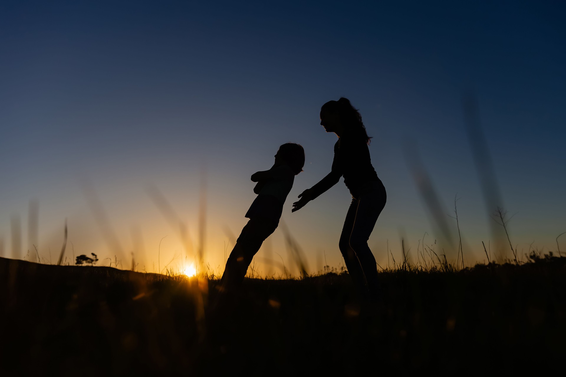 Silhouette of a mother and son dancing in a field at sunset